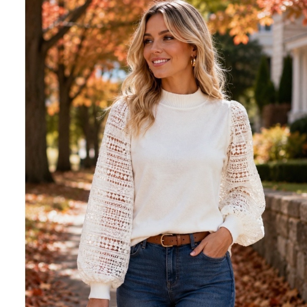 Siani Milano Sweater White   Size Med Lace Balloon Sleeve shirt  Top